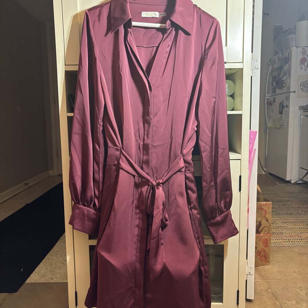 Ramy Brook Bordeaux Red Belted Long Sleeve Satin Shirt Dress - Picture 2 of 3